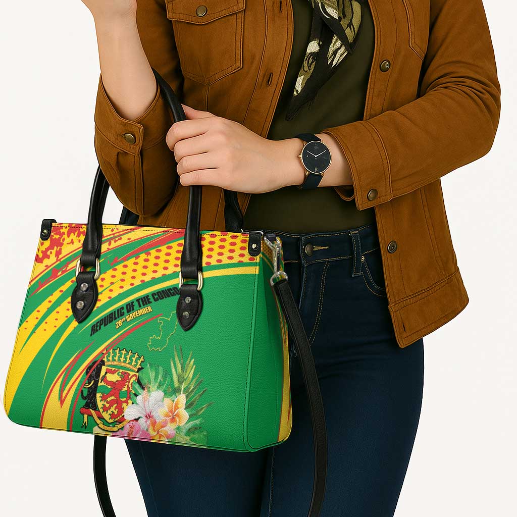 Congo Republic Day Leather Bag Coat Of Arms With Tropical Flower - Wonder Print Shop