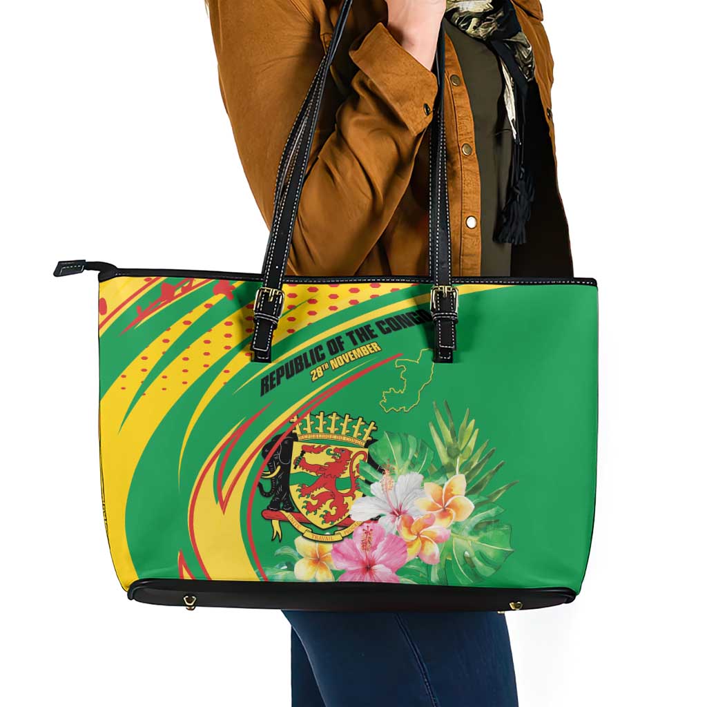 Congo Republic Day Leather Tote Bag Coat Of Arms With Tropical Flower - Wonder Print Shop