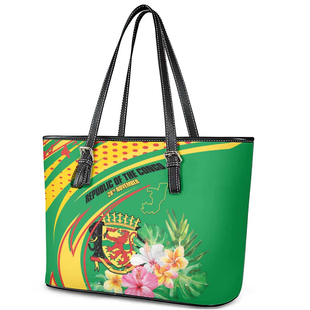 Congo Republic Day Leather Tote Bag Coat Of Arms With Tropical Flower - Wonder Print Shop