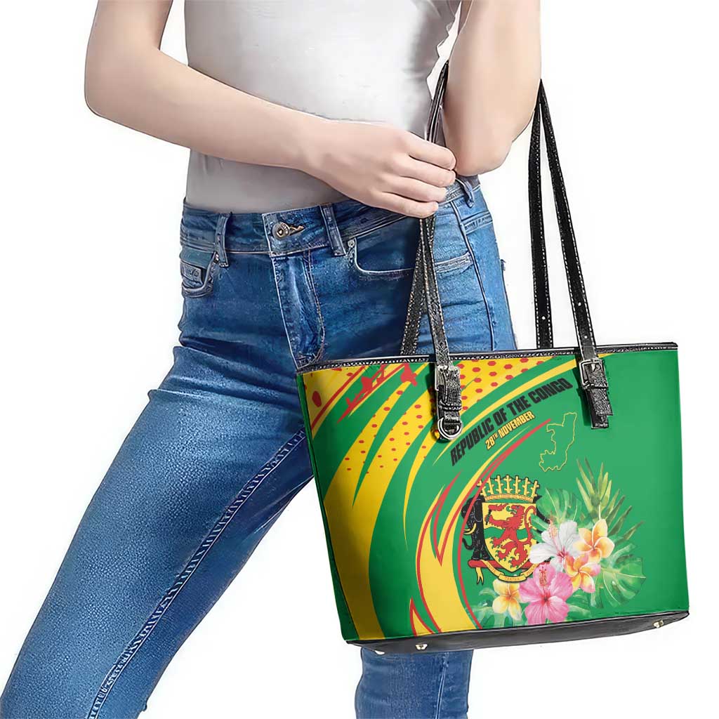 Congo Republic Day Leather Tote Bag Coat Of Arms With Tropical Flower - Wonder Print Shop