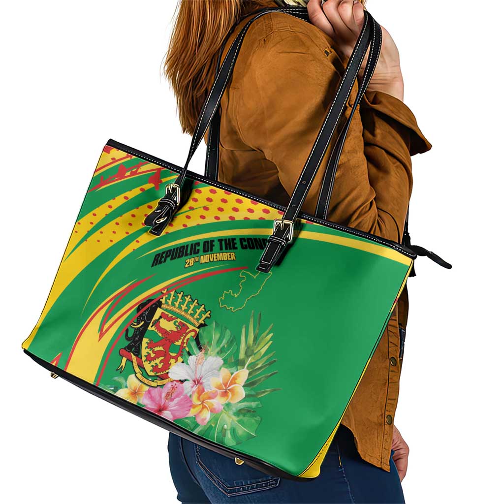 Congo Republic Day Leather Tote Bag Coat Of Arms With Tropical Flower - Wonder Print Shop