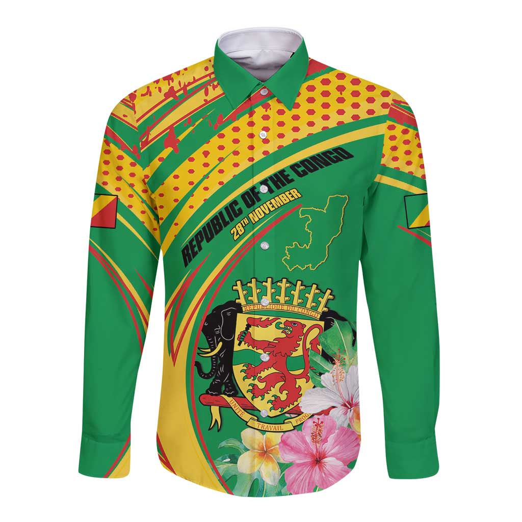 Personalized Congo Republic Day Long Sleeve Button Shirt Coat Of Arms With Tropical Flower - Wonder Print Shop