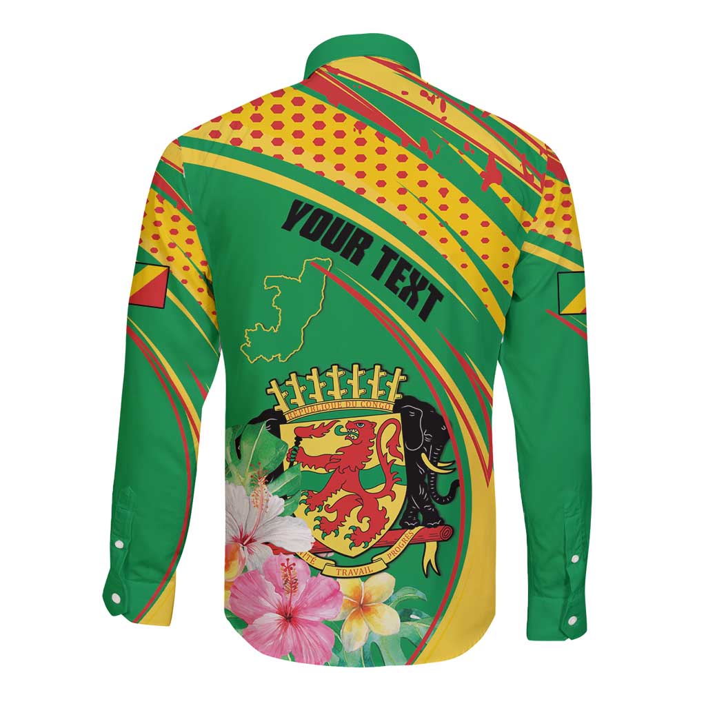 Personalized Congo Republic Day Long Sleeve Button Shirt Coat Of Arms With Tropical Flower - Wonder Print Shop