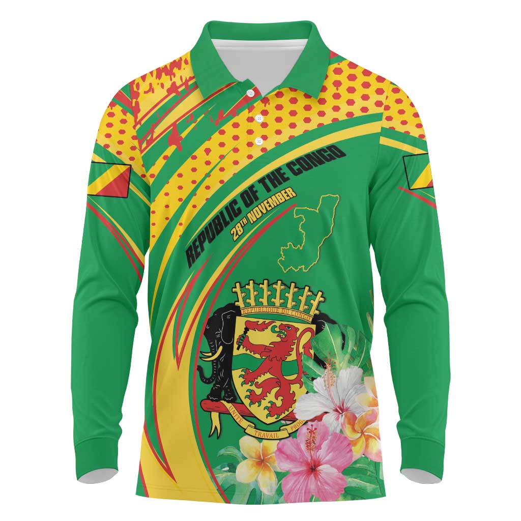 Personalized Congo Republic Day Long Sleeve Polo Shirt Coat Of Arms With Tropical Flower - Wonder Print Shop