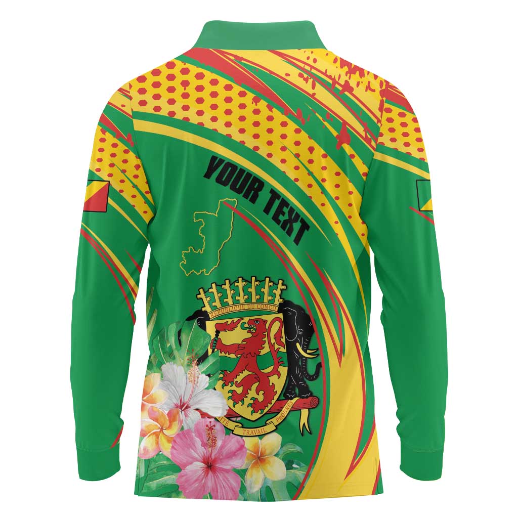 Personalized Congo Republic Day Long Sleeve Polo Shirt Coat Of Arms With Tropical Flower - Wonder Print Shop