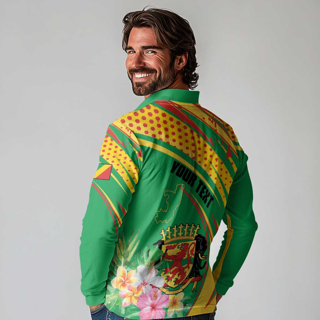 Personalized Congo Republic Day Long Sleeve Polo Shirt Coat Of Arms With Tropical Flower - Wonder Print Shop