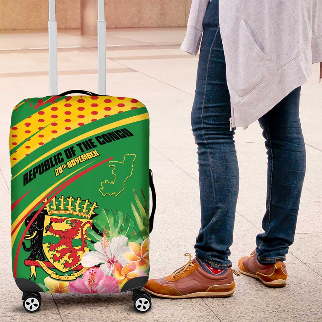 Congo Republic Day Luggage Cover Coat Of Arms With Tropical Flower - Wonder Print Shop