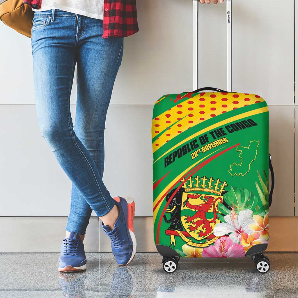Congo Republic Day Luggage Cover Coat Of Arms With Tropical Flower - Wonder Print Shop