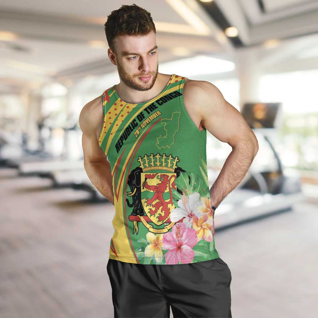 Personalized Congo Republic Day Men Tank Top Coat Of Arms With Tropical Flower - Wonder Print Shop