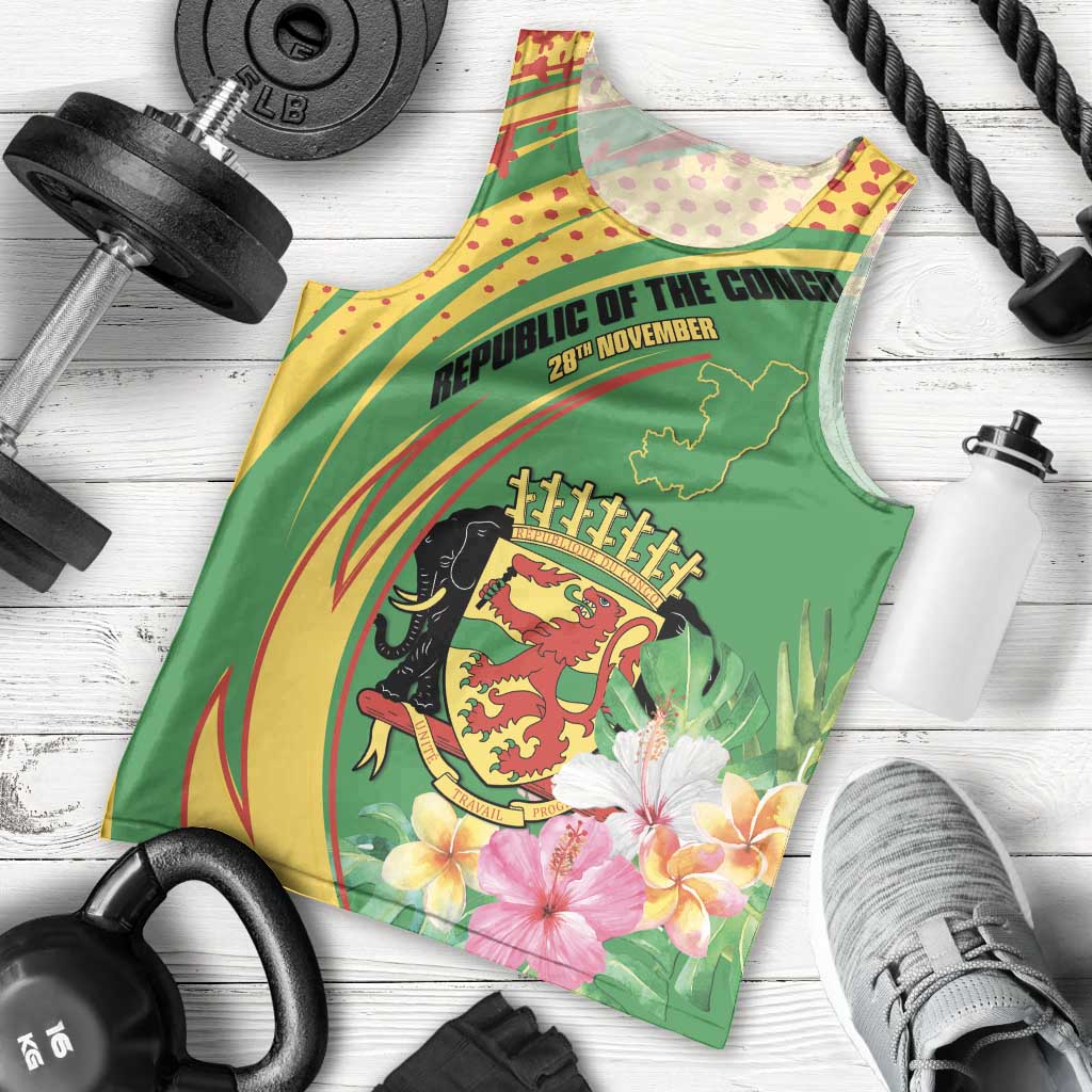 Personalized Congo Republic Day Men Tank Top Coat Of Arms With Tropical Flower - Wonder Print Shop