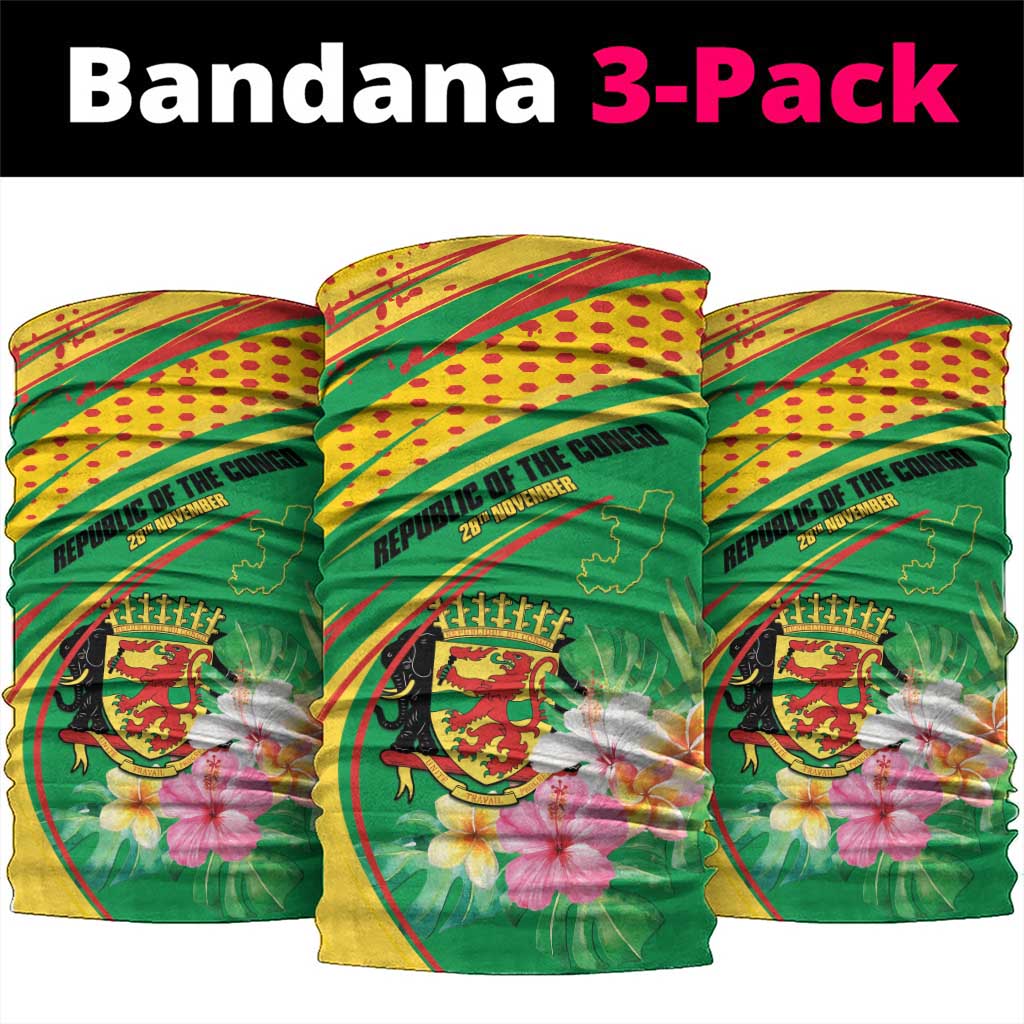 Congo Republic Day Neck Gaiter Coat Of Arms With Tropical Flower - Wonder Print Shop