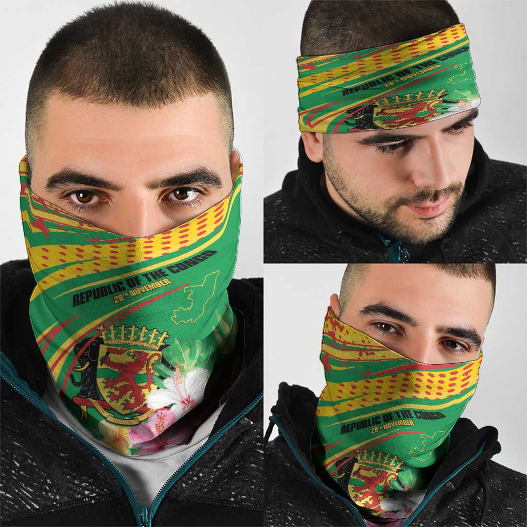 Congo Republic Day Neck Gaiter Coat Of Arms With Tropical Flower - Wonder Print Shop