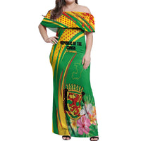 Personalized Congo Republic Day Off Shoulder Maxi Dress Coat Of Arms With Tropical Flower - Wonder Print Shop
