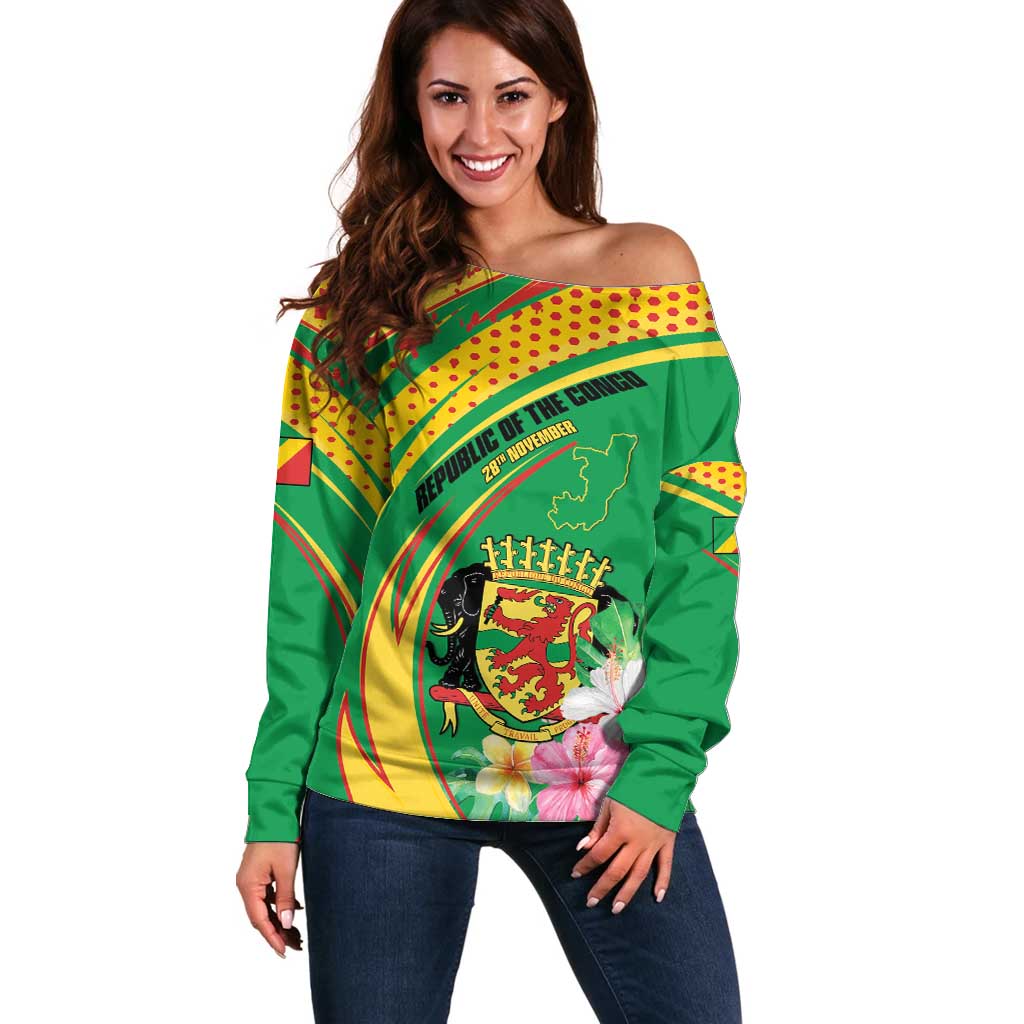 Personalized Congo Republic Day Off Shoulder Sweater Coat Of Arms With Tropical Flower - Wonder Print Shop