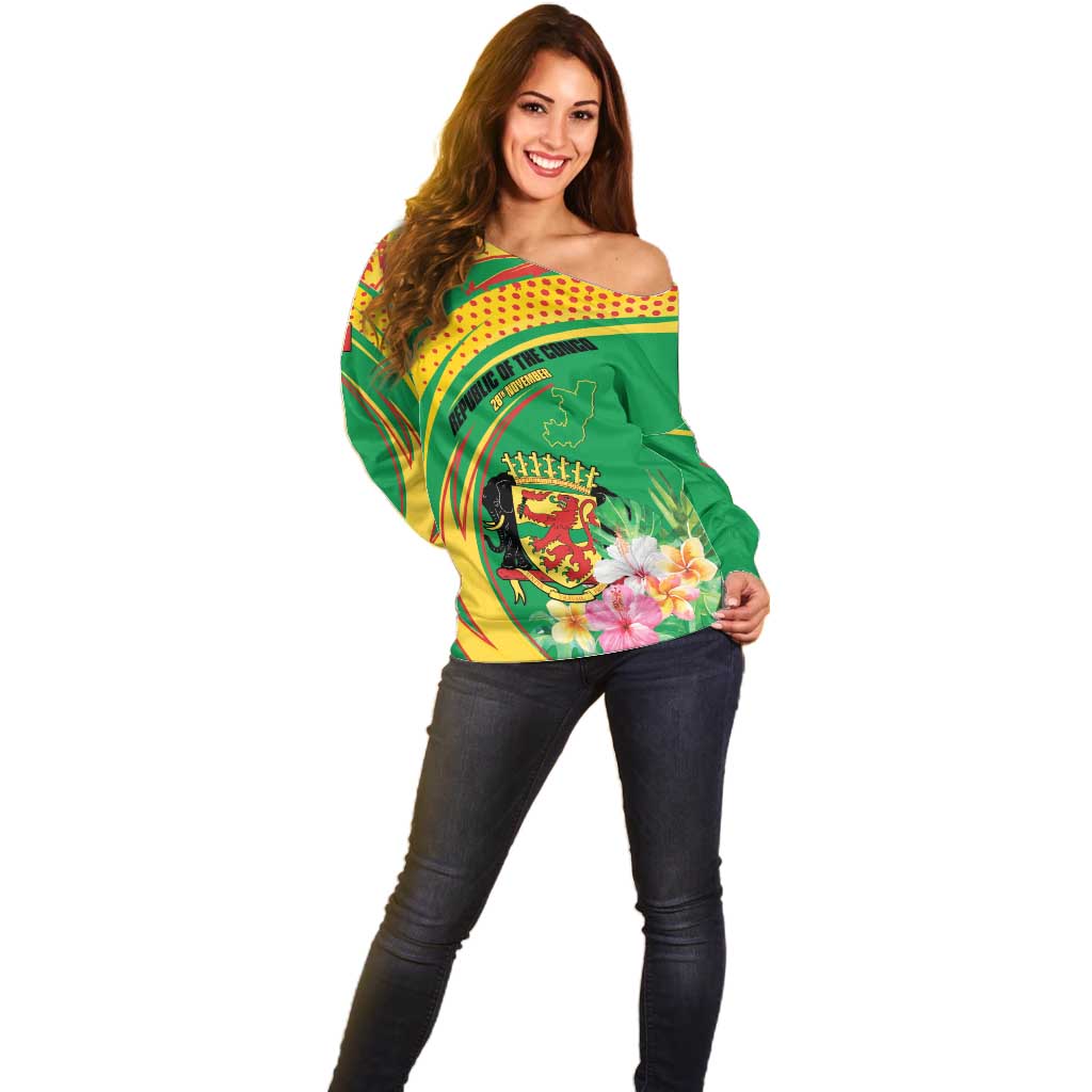 Personalized Congo Republic Day Off Shoulder Sweater Coat Of Arms With Tropical Flower - Wonder Print Shop