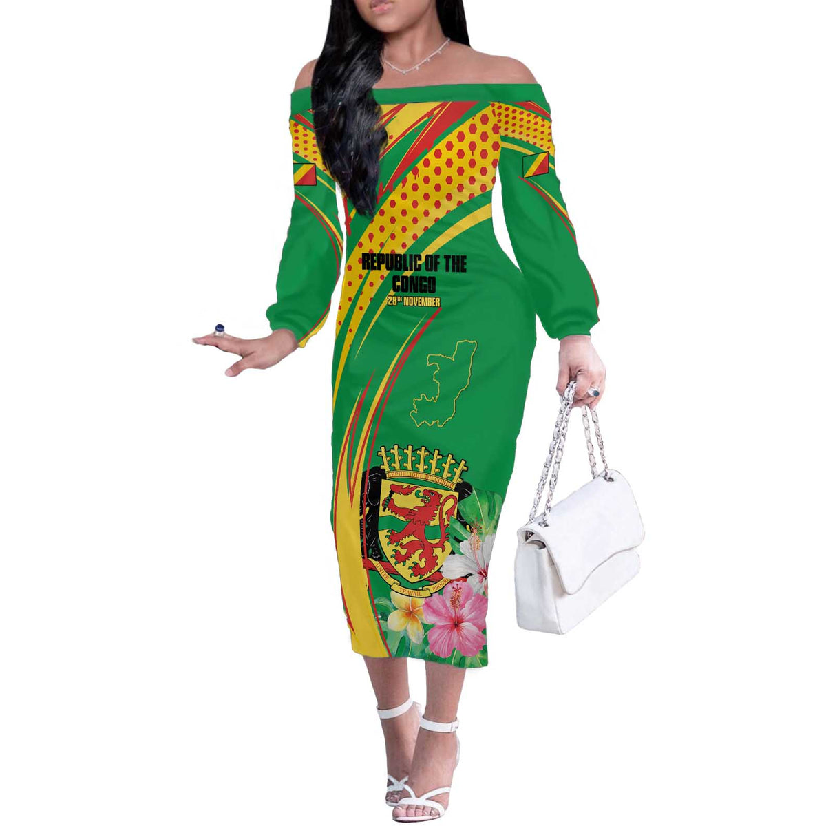 Personalized Congo Republic Day Off The Shoulder Long Sleeve Dress Coat Of Arms With Tropical Flower - Wonder Print Shop