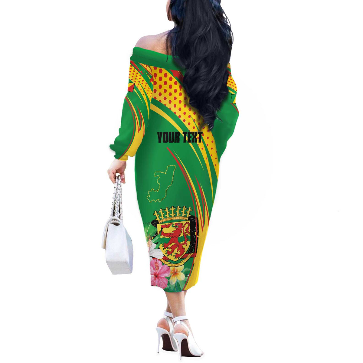 Personalized Congo Republic Day Off The Shoulder Long Sleeve Dress Coat Of Arms With Tropical Flower - Wonder Print Shop