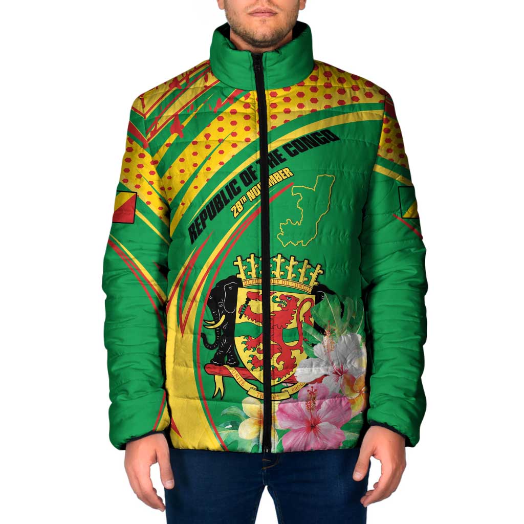 Personalized Congo Republic Day Padded Jacket Coat Of Arms With Tropical Flower - Wonder Print Shop