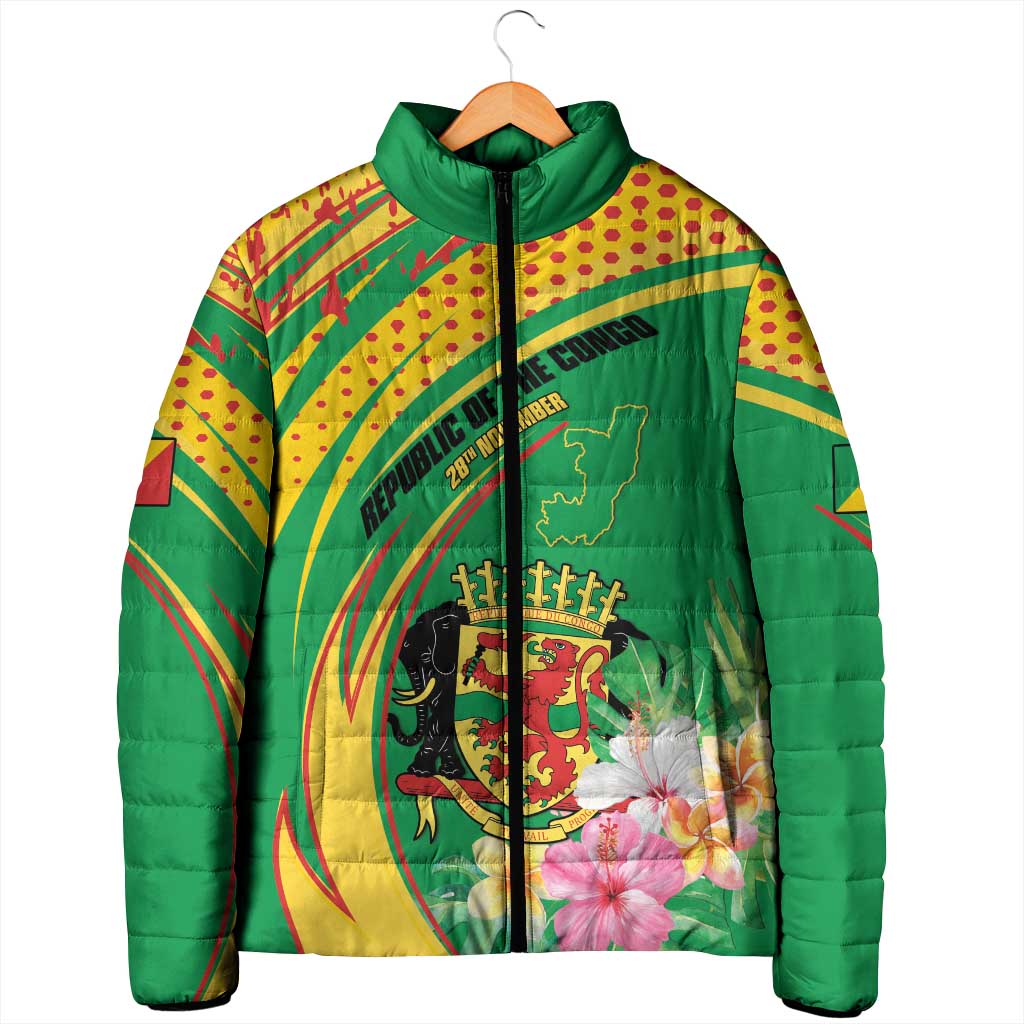 Personalized Congo Republic Day Padded Jacket Coat Of Arms With Tropical Flower - Wonder Print Shop