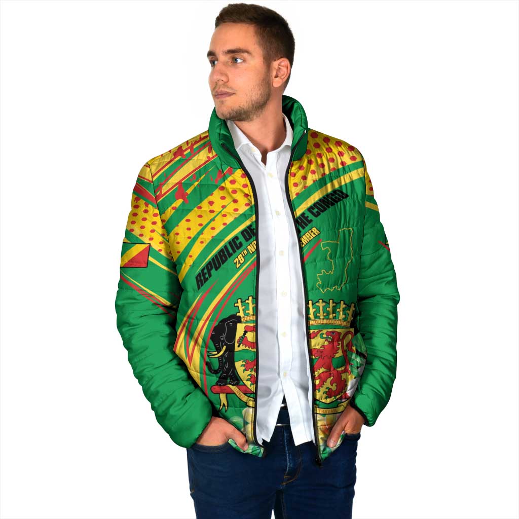 Personalized Congo Republic Day Padded Jacket Coat Of Arms With Tropical Flower - Wonder Print Shop
