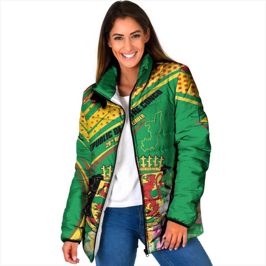 Personalized Congo Republic Day Padded Jacket Coat Of Arms With Tropical Flower - Wonder Print Shop