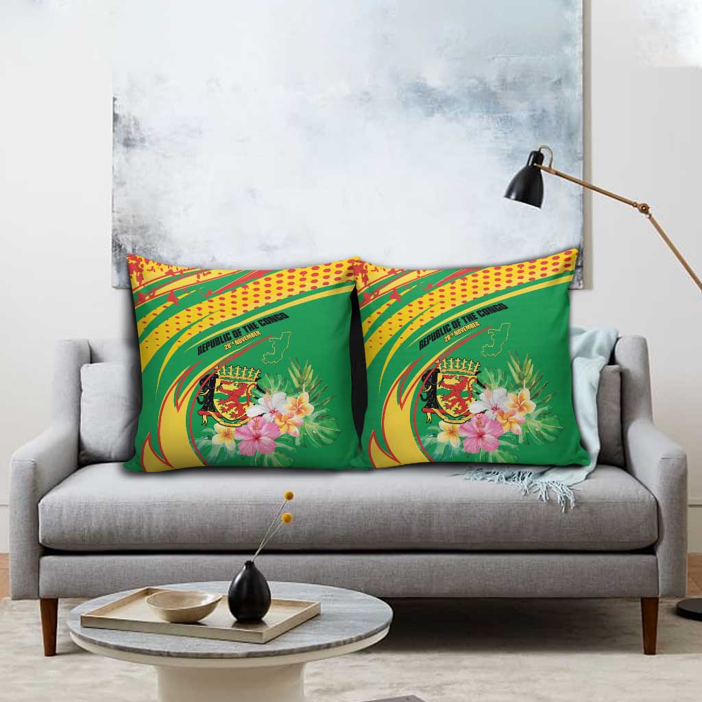 Congo Republic Day Pillow Cover Coat Of Arms With Tropical Flower - Wonder Print Shop