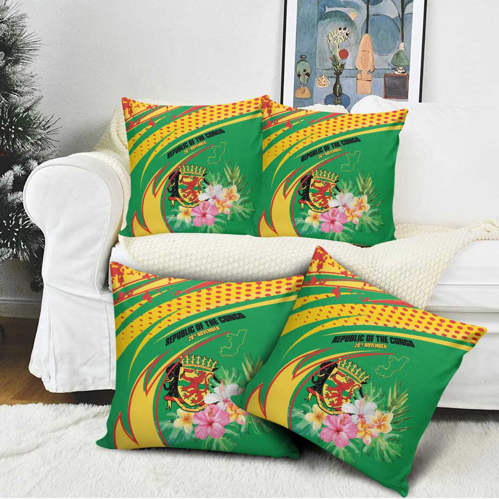 Congo Republic Day Pillow Cover Coat Of Arms With Tropical Flower - Wonder Print Shop