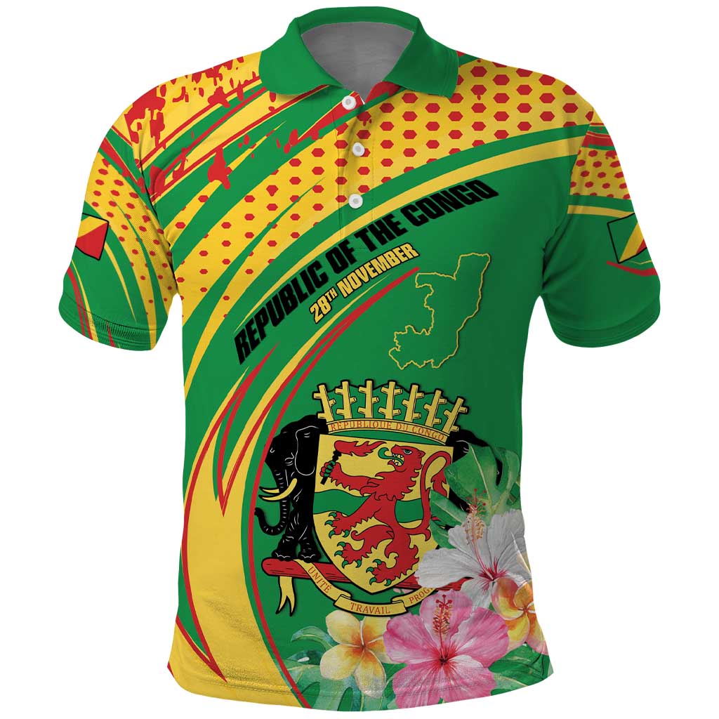 Personalized Congo Republic Day Polo Shirt Coat Of Arms With Tropical Flower - Wonder Print Shop