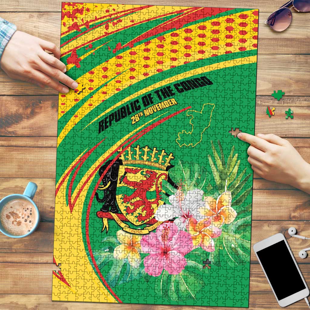 Congo Republic Day Puzzle Coat Of Arms With Tropical Flower - Wonder Print Shop