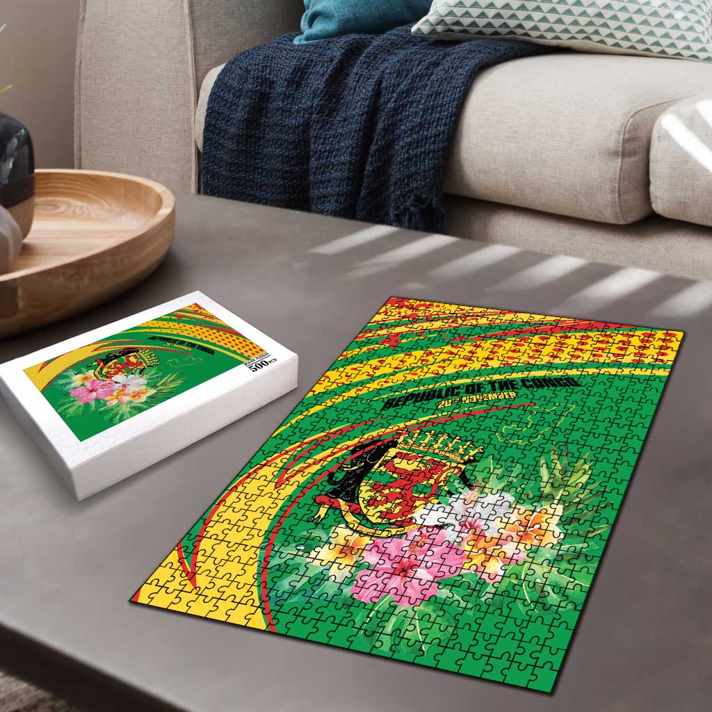 Congo Republic Day Puzzle Coat Of Arms With Tropical Flower - Wonder Print Shop