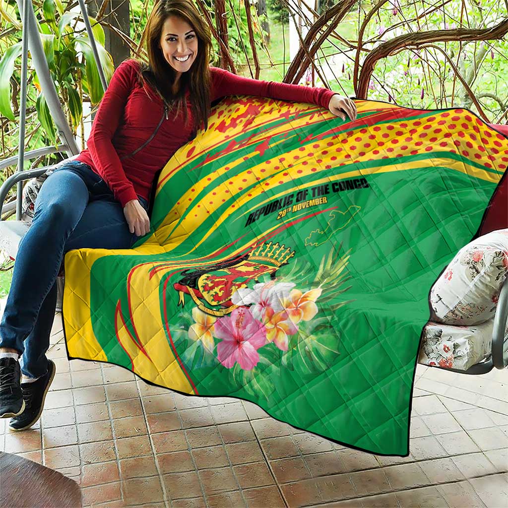 Congo Republic Day Quilt Coat Of Arms With Tropical Flower - Wonder Print Shop