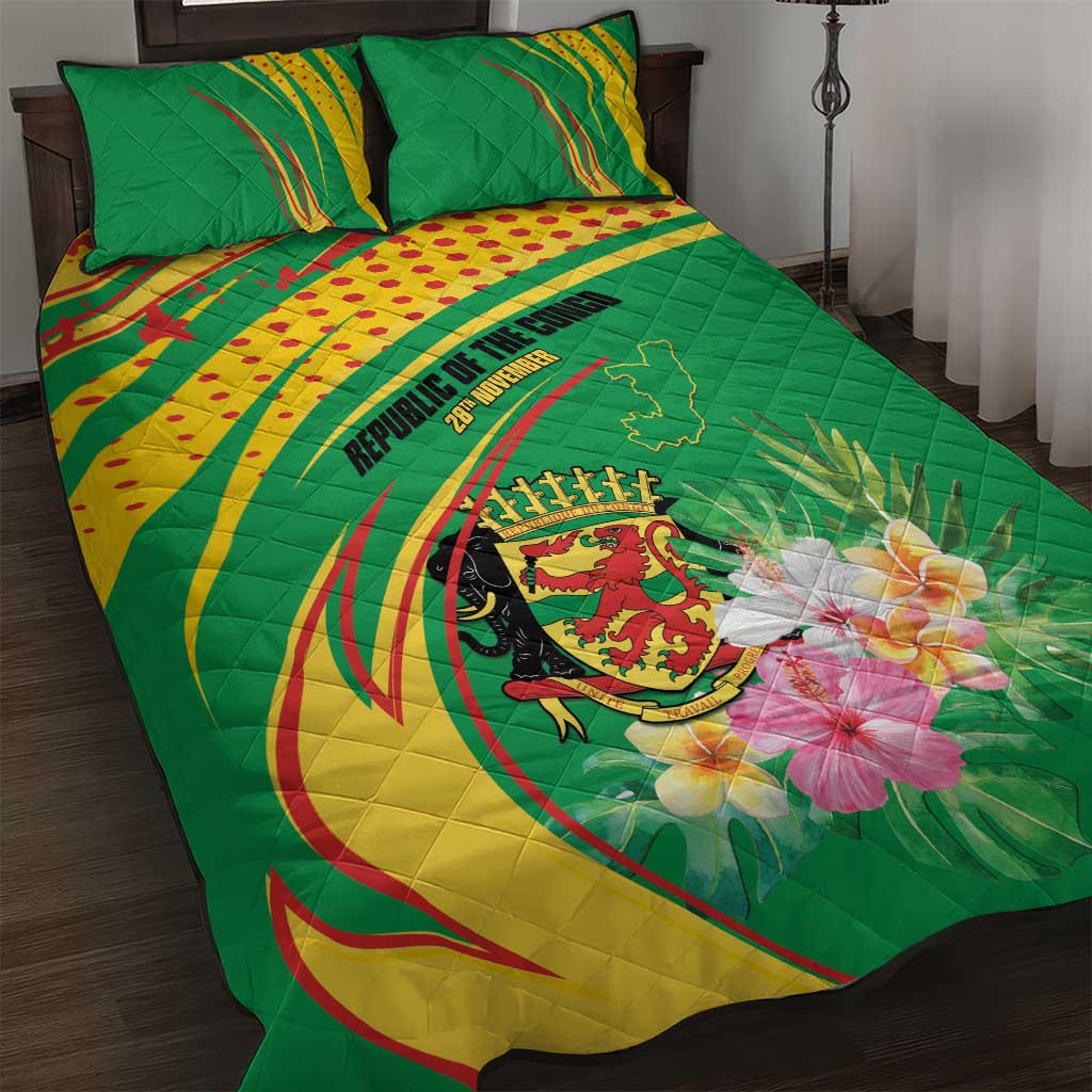 Congo Republic Day Quilt Bed Set Coat Of Arms With Tropical Flower - Wonder Print Shop