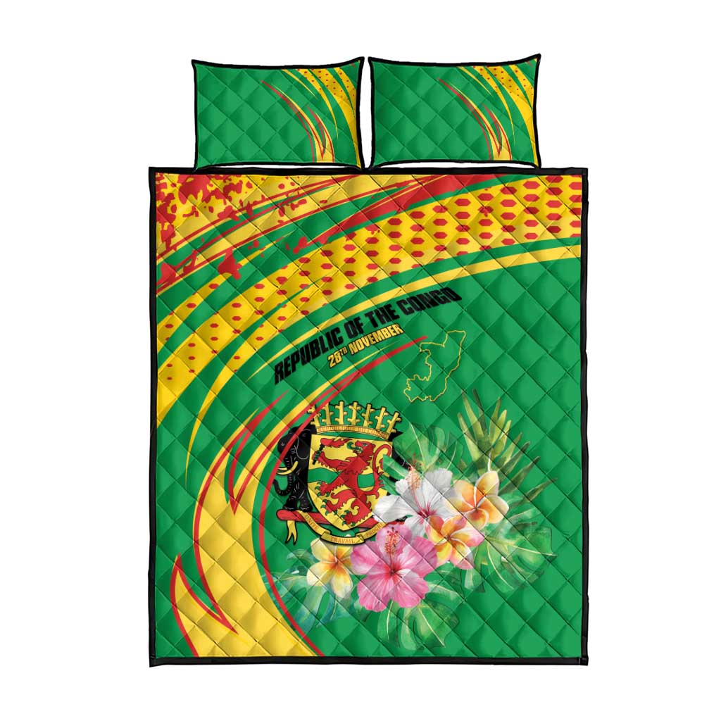 Congo Republic Day Quilt Bed Set Coat Of Arms With Tropical Flower - Wonder Print Shop