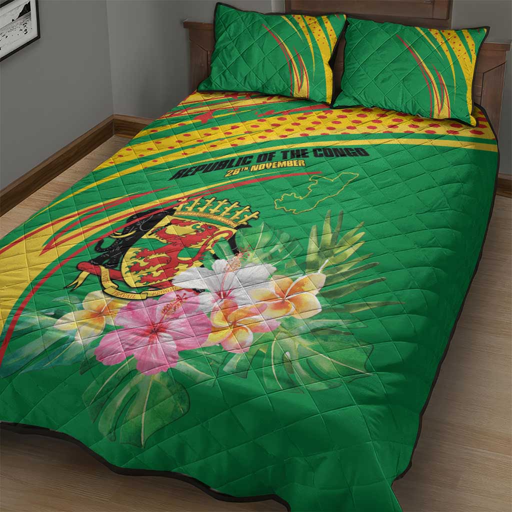 Congo Republic Day Quilt Bed Set Coat Of Arms With Tropical Flower - Wonder Print Shop
