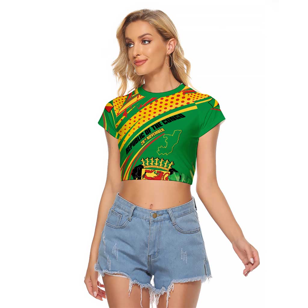 Personalized Congo Republic Day Raglan Cropped T Shirt Coat Of Arms With Tropical Flower - Wonder Print Shop