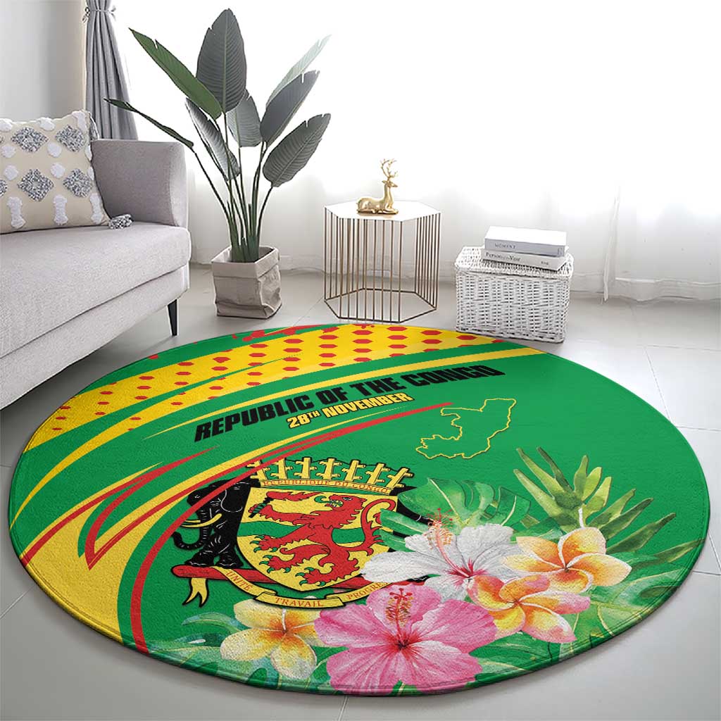 Congo Republic Day Round Carpet Coat Of Arms With Tropical Flower - Wonder Print Shop