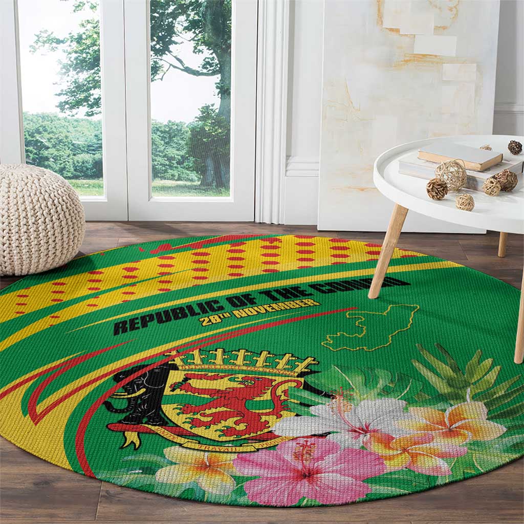 Congo Republic Day Round Carpet Coat Of Arms With Tropical Flower - Wonder Print Shop