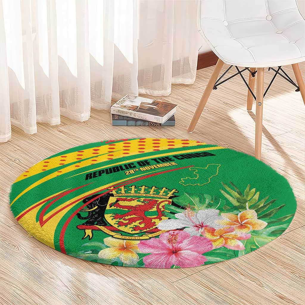Congo Republic Day Round Carpet Coat Of Arms With Tropical Flower - Wonder Print Shop