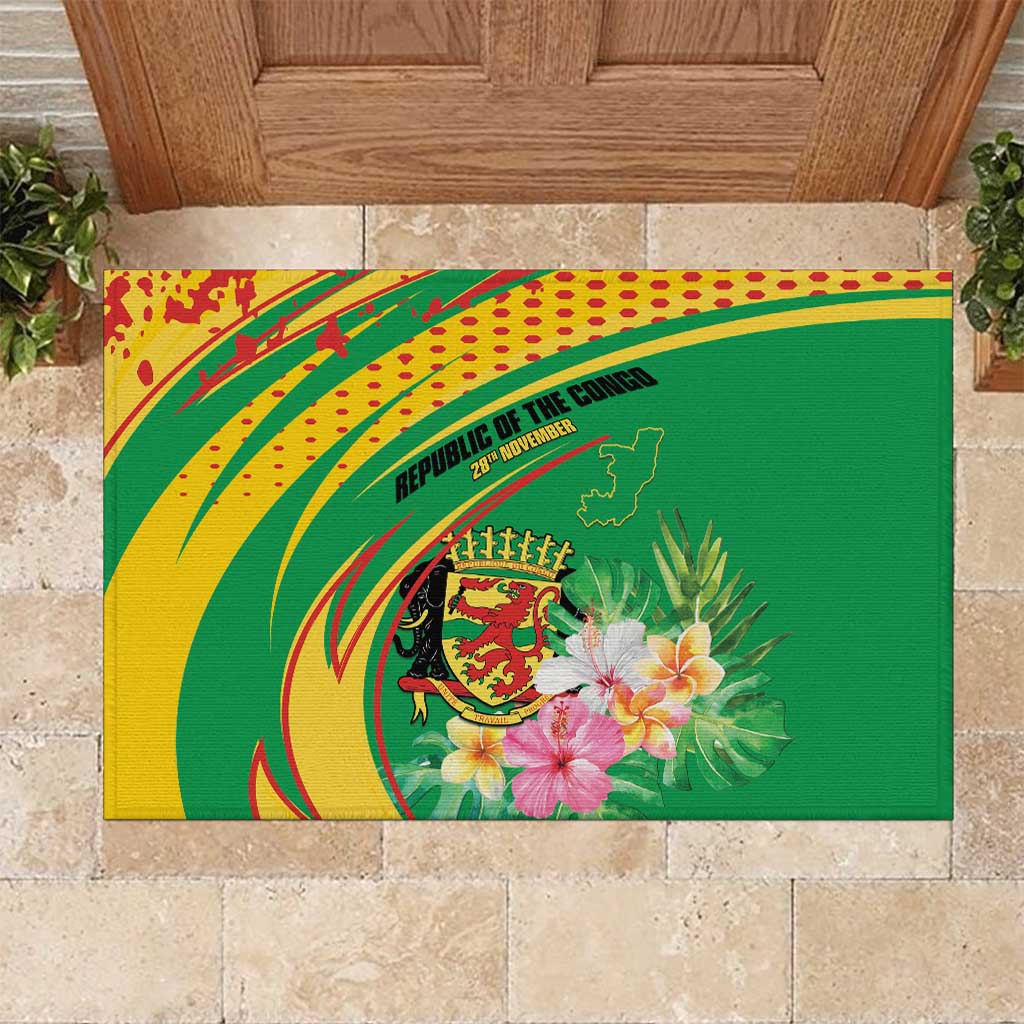 Congo Republic Day Rubber Doormat Coat Of Arms With Tropical Flower - Wonder Print Shop