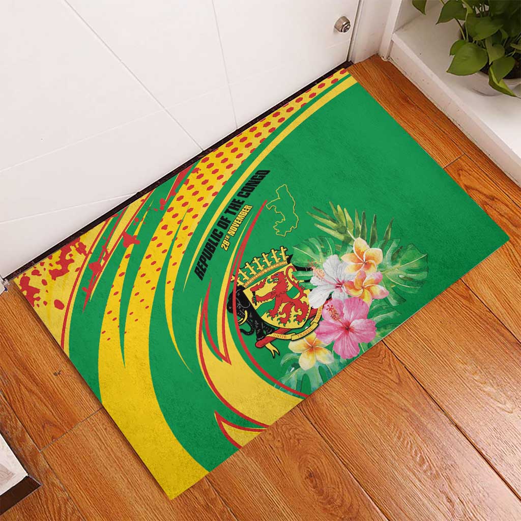 Congo Republic Day Rubber Doormat Coat Of Arms With Tropical Flower - Wonder Print Shop