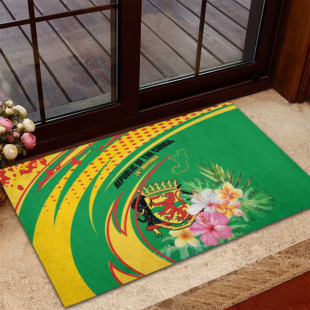 Congo Republic Day Rubber Doormat Coat Of Arms With Tropical Flower - Wonder Print Shop