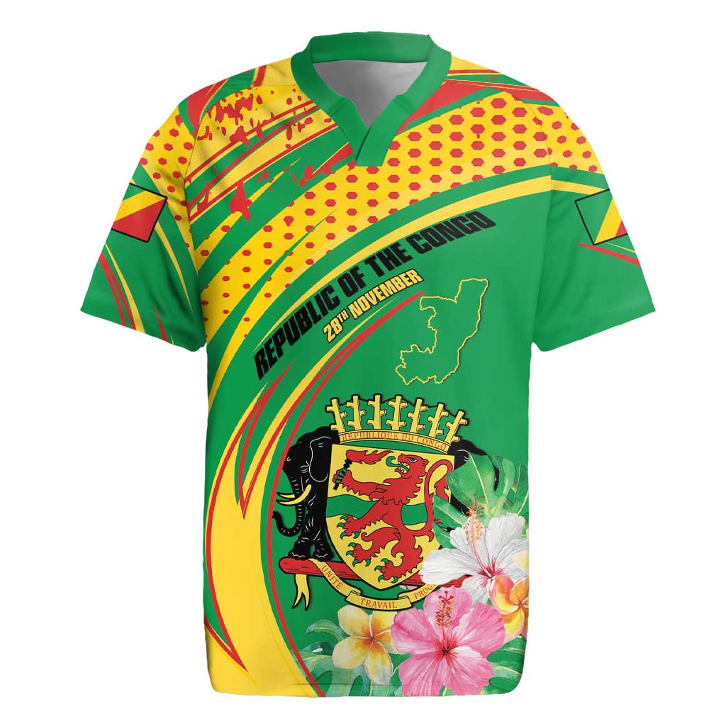 Personalized Congo Republic Day Rugby Jersey Coat Of Arms With Tropical Flower - Wonder Print Shop