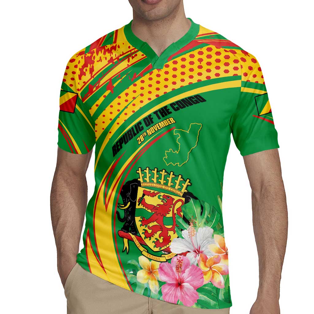 Personalized Congo Republic Day Rugby Jersey Coat Of Arms With Tropical Flower - Wonder Print Shop