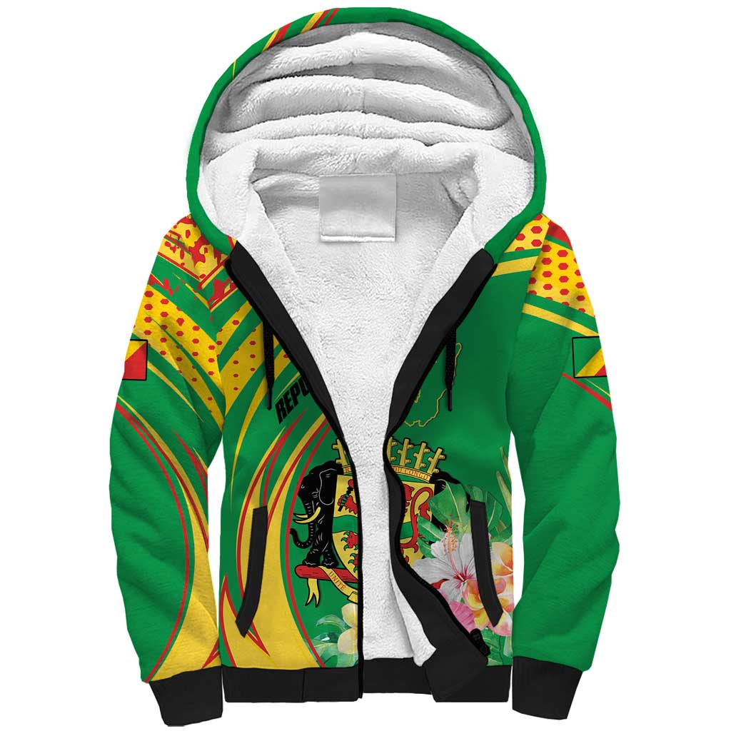 Personalized Congo Republic Day Sherpa Hoodie Coat Of Arms With Tropical Flower - Wonder Print Shop