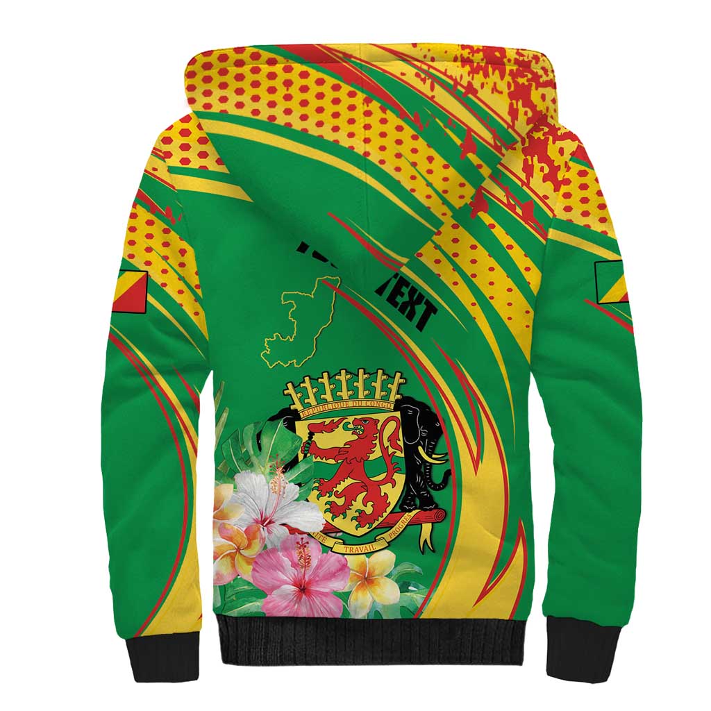 Personalized Congo Republic Day Sherpa Hoodie Coat Of Arms With Tropical Flower - Wonder Print Shop