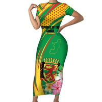 Personalized Congo Republic Day Short Sleeve Bodycon Dress Coat Of Arms With Tropical Flower - Wonder Print Shop