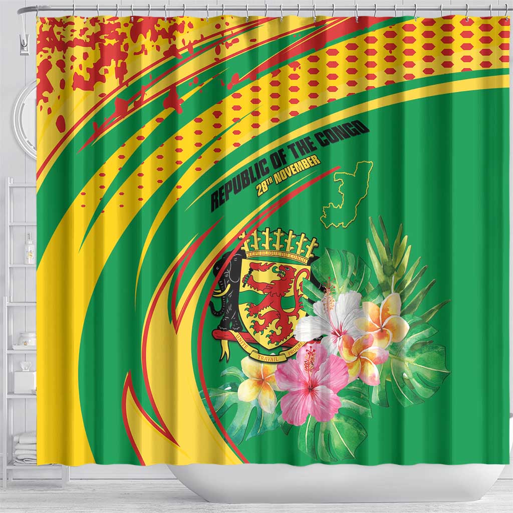 Congo Republic Day Shower Curtain Coat Of Arms With Tropical Flower - Wonder Print Shop