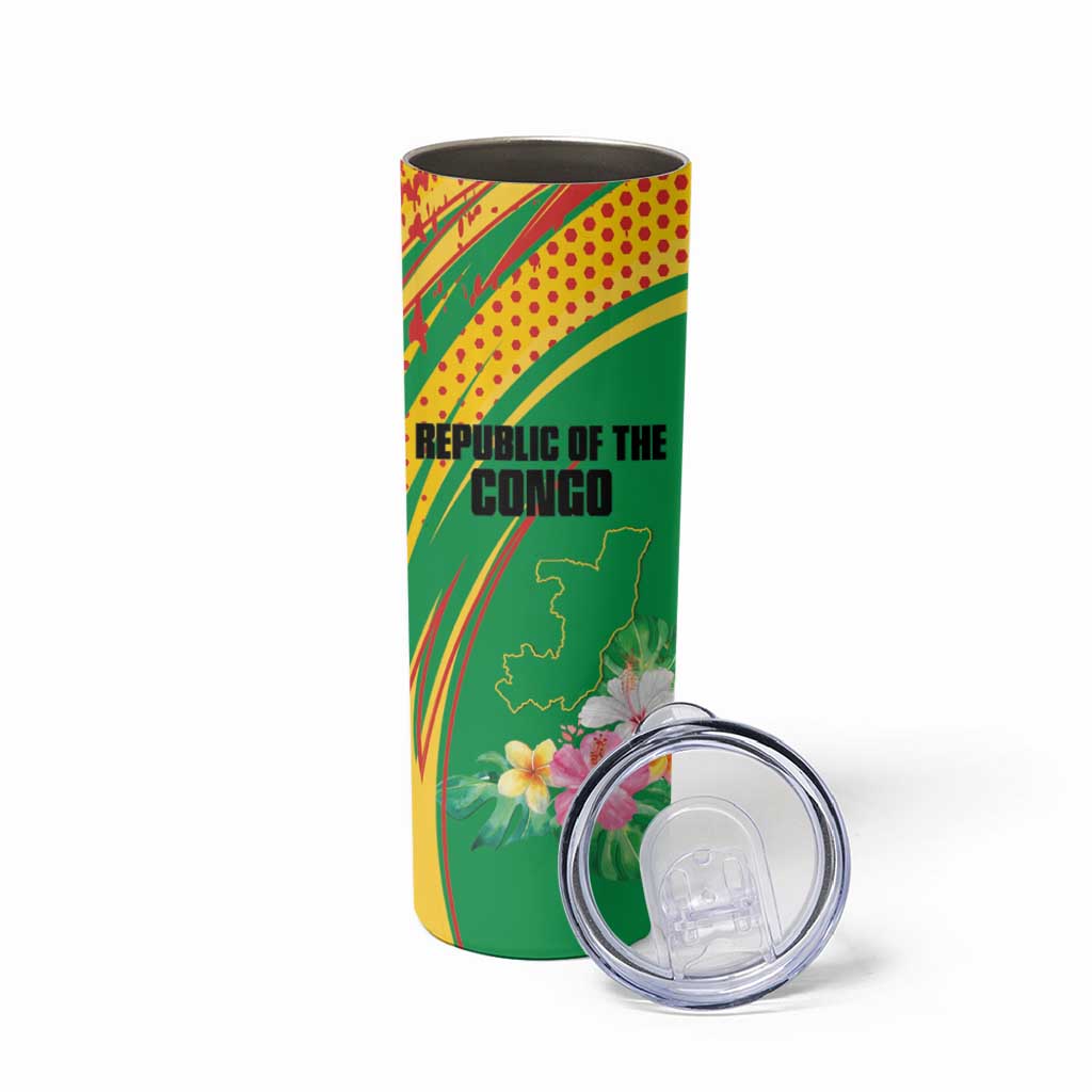 Personalized Congo Republic Day Skinny Tumbler Coat Of Arms With Tropical Flower - Wonder Print Shop