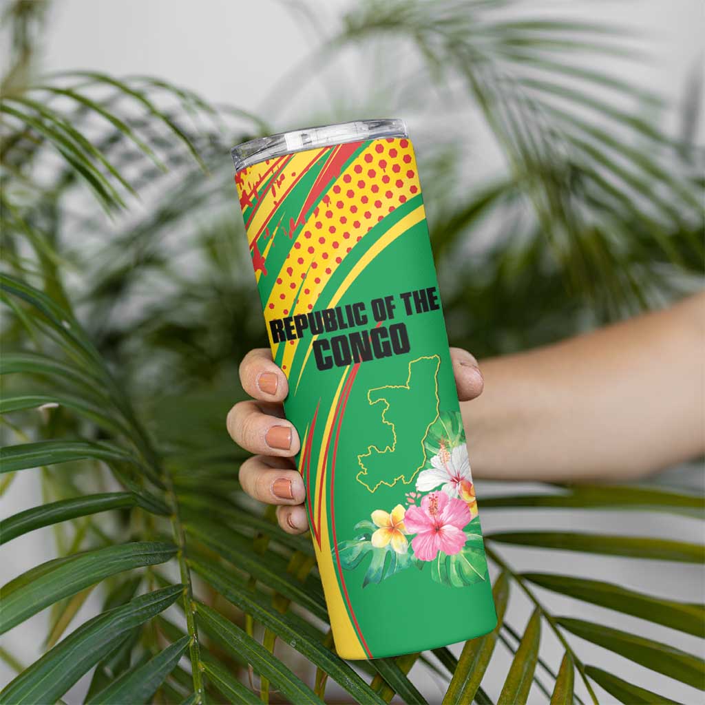 Personalized Congo Republic Day Skinny Tumbler Coat Of Arms With Tropical Flower - Wonder Print Shop