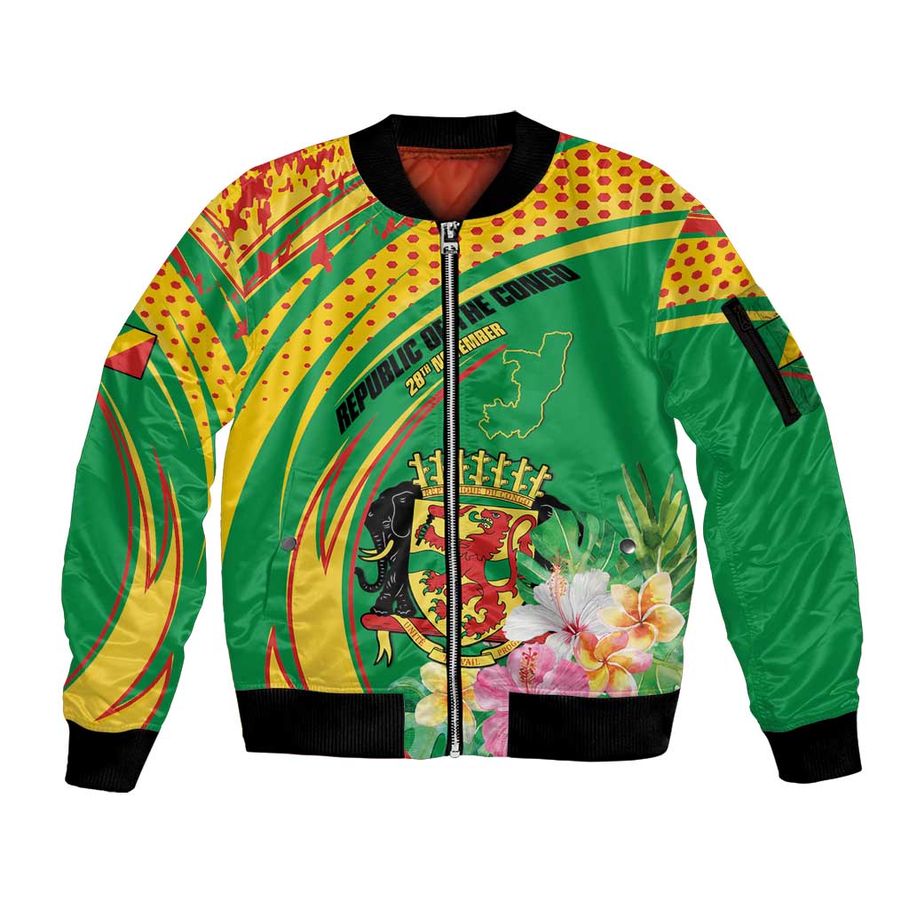 Personalized Congo Republic Day Sleeve Zip Bomber Jacket Coat Of Arms With Tropical Flower - Wonder Print Shop